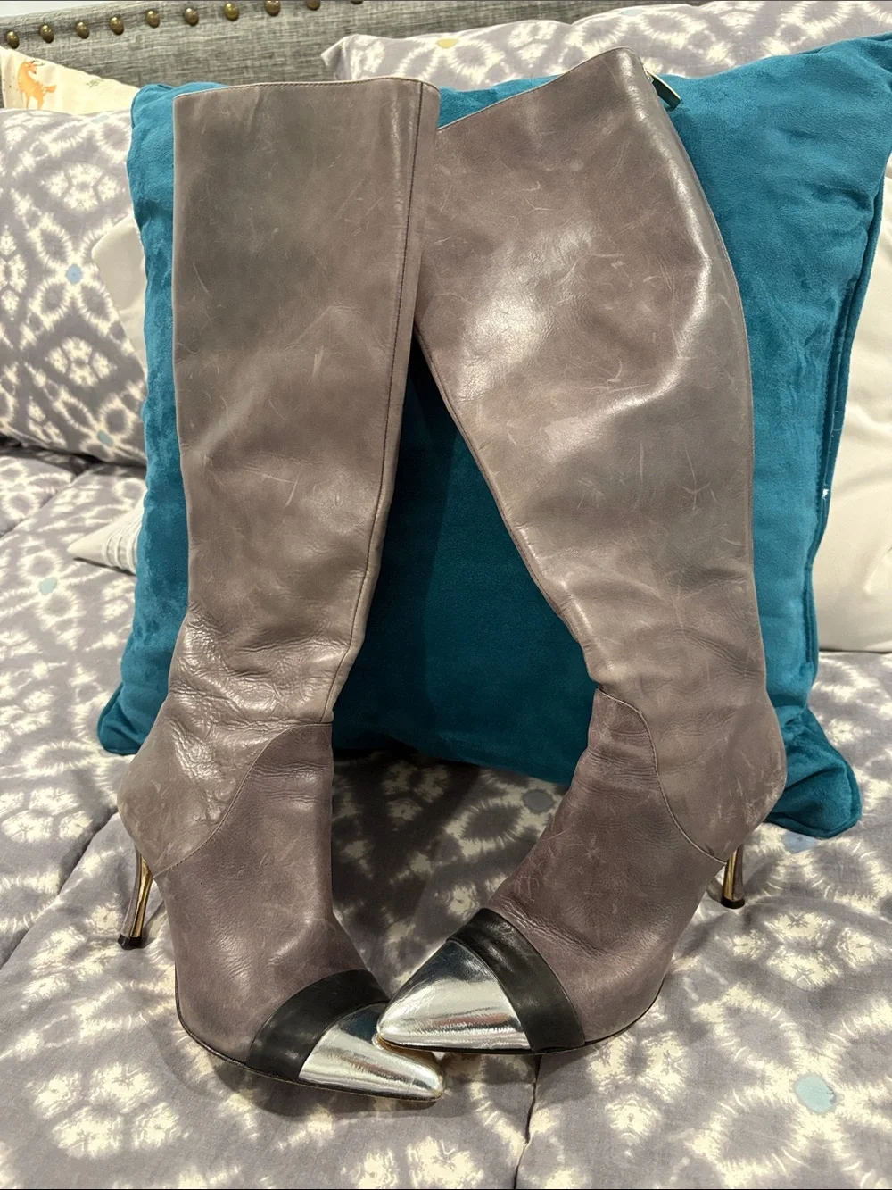 Carolinna Espinosa Gray Knee-High Pointed Toe Heel Boots with Silver Cap